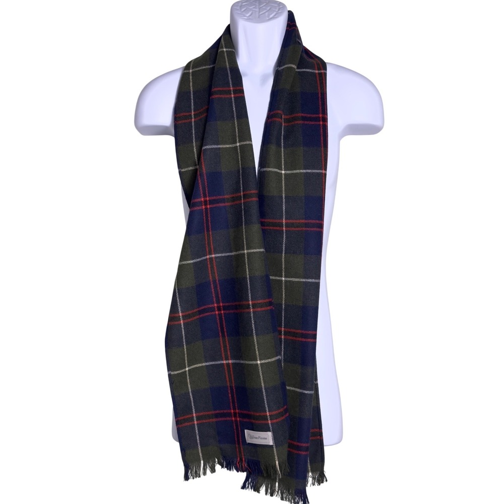 Vtg Evan-Picone Tartan Plaid Scarf Navy Hunter Green Red Fringe Preppy Heritage